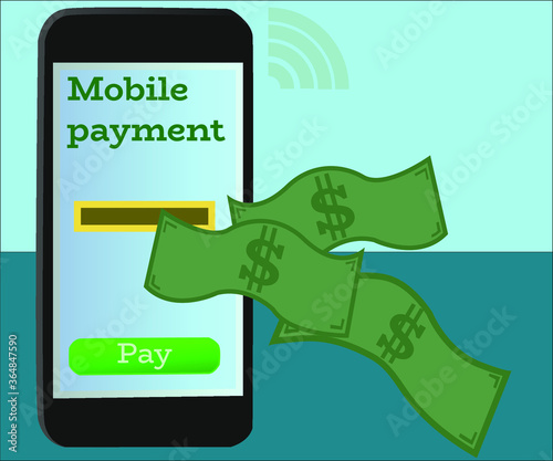 Mobile payment application. Online payment programme that is comfortable for payment and purchase operations. It is presented as a mobile phone with аn ATM slot and banknotes.