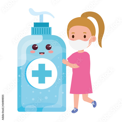 cute girl wearing medical mask to prevent coronavirus covid 19 with cute bottle disinfection and sanitizer bottle vector illustration design