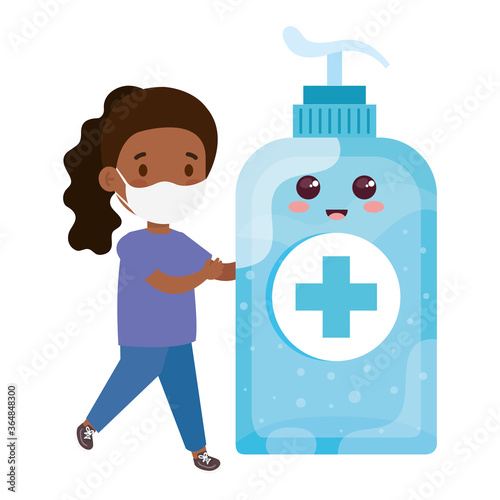 cute girl afro wearing medical mask to prevent coronavirus covid 19 with cute bottle disinfection and sanitizer bottle vector illustration design