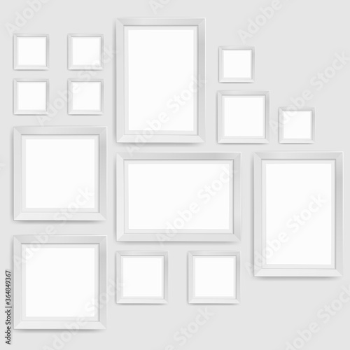 Wall picture frame templates isolated on white background. Blank photo frames with shadow and borders vector illustration. Empty frame for photo or image picture in museum. Free space for text.