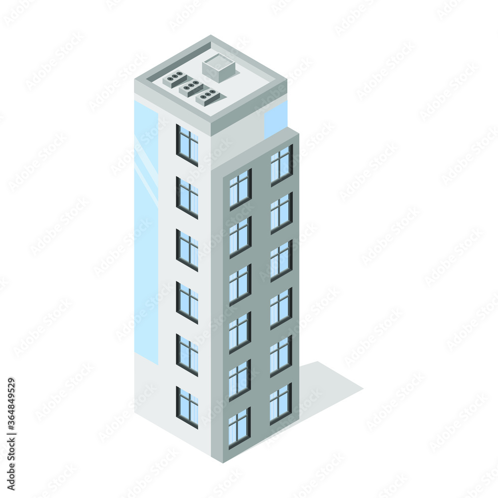 A tall white building in a modern style. Isometry. Megalopolis. Glass facade.eps