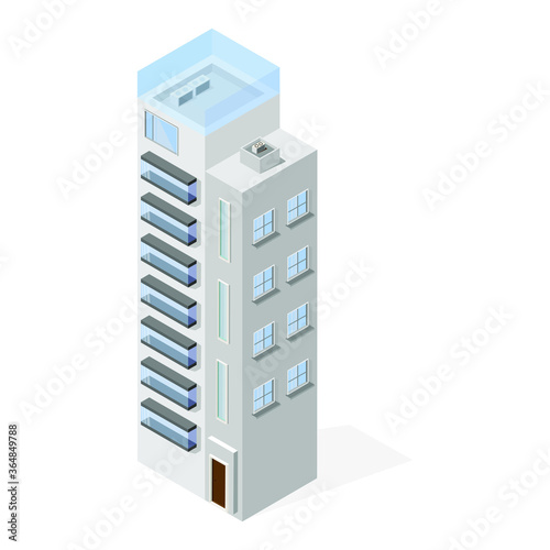  Multi-storey building with balconies. Megapolis, isometry. Architecture.eps