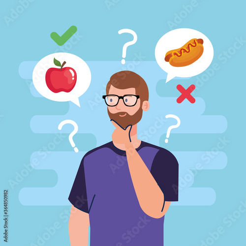 man thinking what to eat design, junk or healthy food decision theme Vector illustration