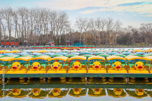 A fleet of sailing duck boats wait for services in winter at Beihai Park