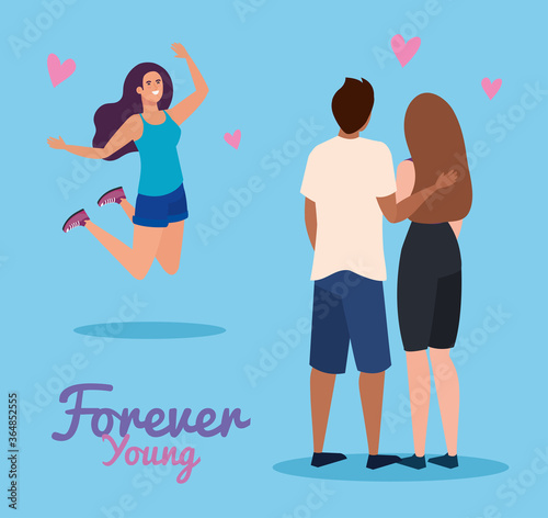 woman man couple and girl cartoon jumping of forever young design, holiday and friendship theme Vector illustration