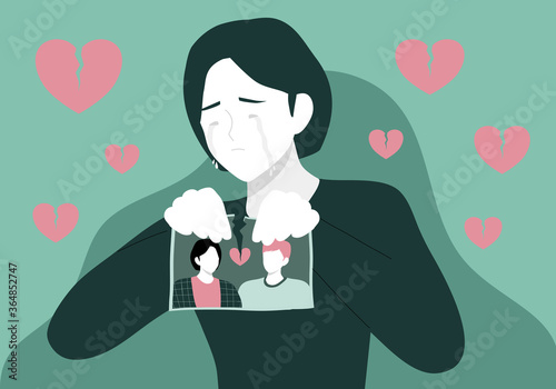 girl with a heart. Couple conflict concept. Woman crying hand ripping photo of the couple vector illustration. portrait of happy spouses or picture with family memories. Concept of breakup or divorce