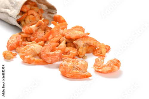 side view bag with big size dry shrimps on a white background