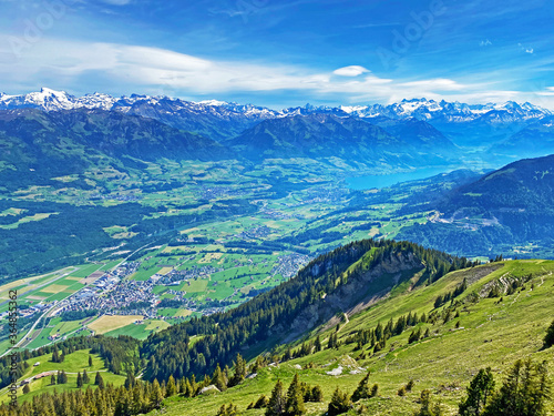 View of the fertile valley with settlemens between the Lakes Alpnachersee and Sarnersee from the Pilatus massif, Alpnach - Canton of Obwalden, Switzerland (Kanton Obwalden, Schweiz) photo