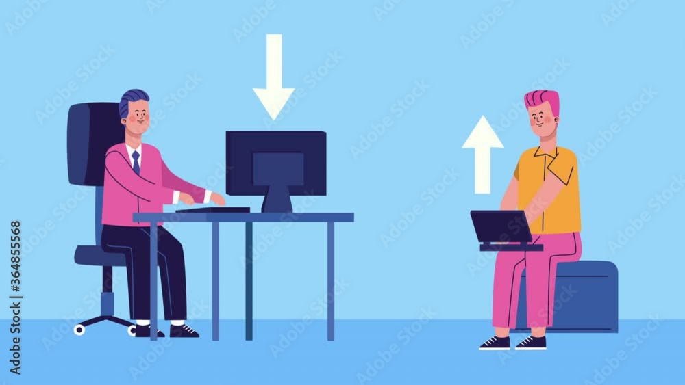 business men using laptop and desktop characters animated