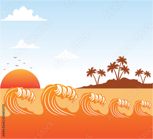 rolling ocean sea wave scene at orange color sunset with coconut tree island in distance with cloudy sky vector background