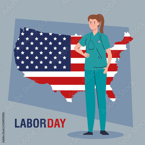 doctor woman with usa flag map design, Labor day holiday and patriotic theme Vector illustration