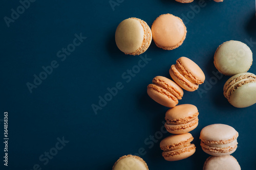 Sweet french macaroons. Flat lay copyspace. Top view