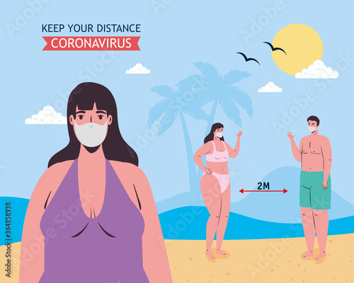 Woman and social distancing between boy and girl with medical masks at the beach design, Summer vacation tropical and covid 19 virus theme Vector illustration