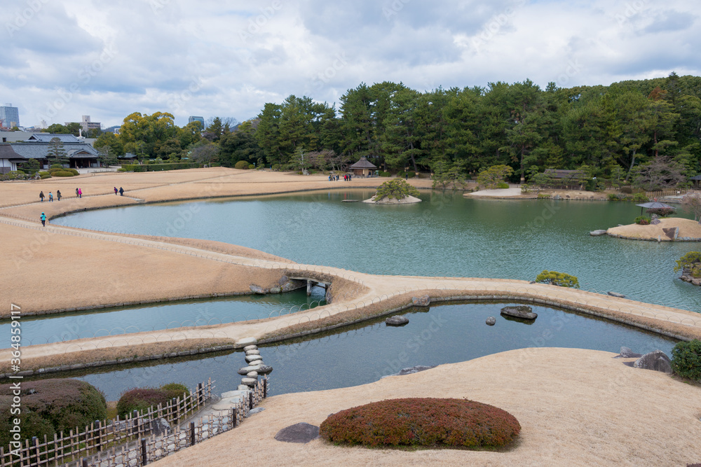 Korakuen Garden in Okayama, Japan. Korakuen was built in 1700 by Ikeda Tsunamasa, lord of Okayama. It is one of the Three Great Gardens of Japan.