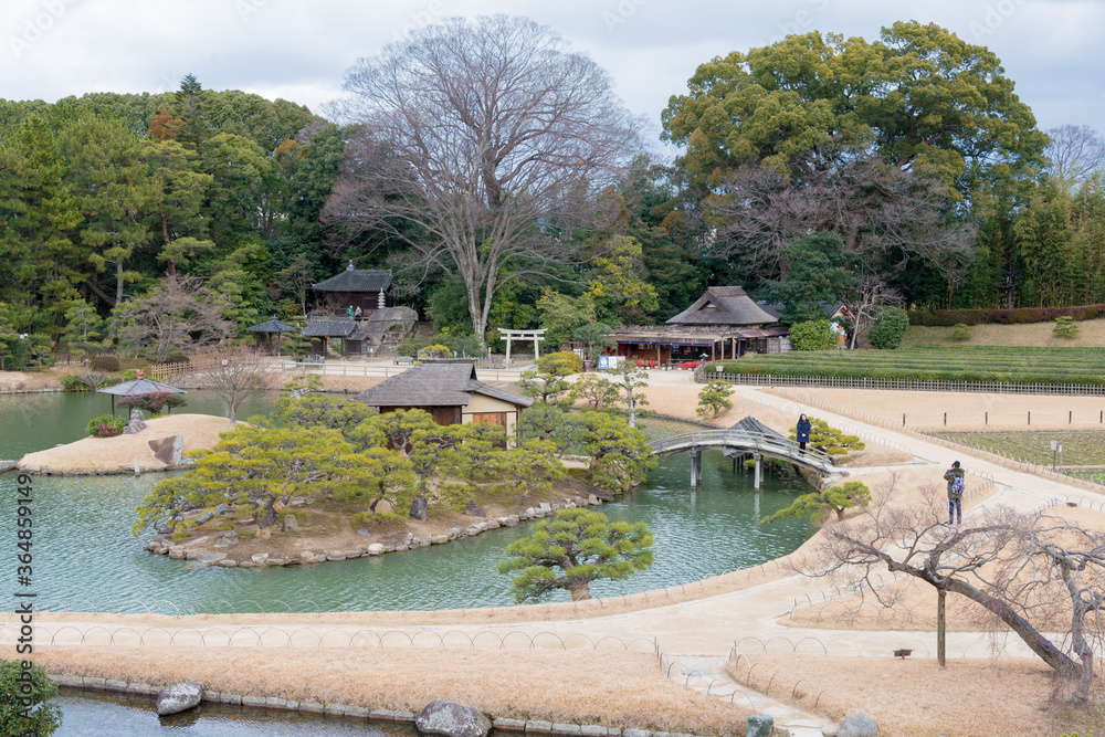 Korakuen Garden in Okayama, Japan. Korakuen was built in 1700 by Ikeda Tsunamasa, lord of Okayama. It is one of the Three Great Gardens of Japan.
