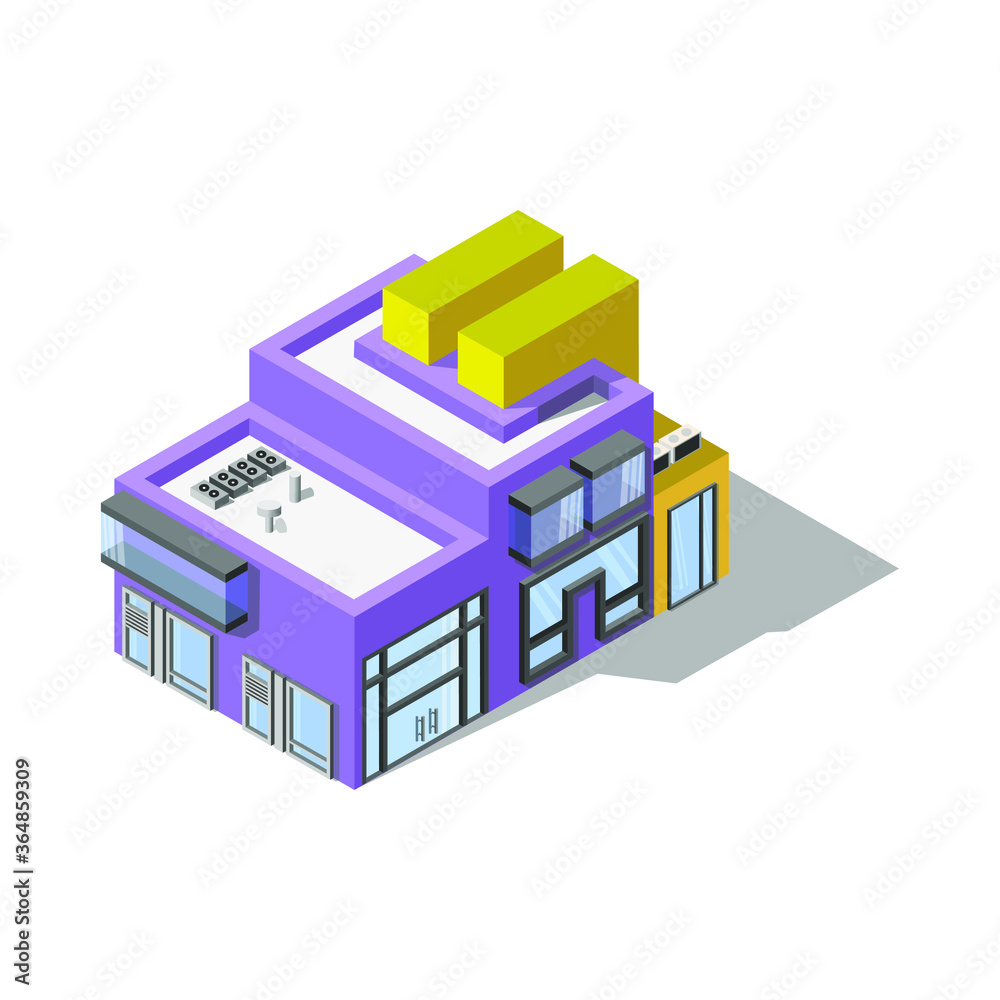 The building is in a modern style with balconies and garage, yellow-purple color isometry. Megalopolis. Architecture.eps