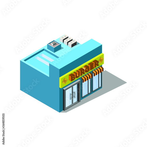 Building with shops. Burgers logo. Isometry architecture. Modern architecture.eps
