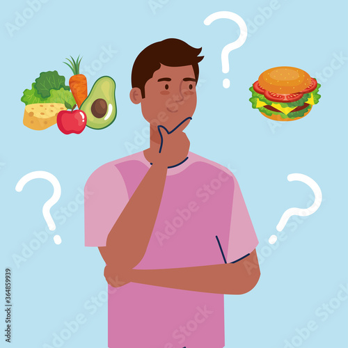 man thinking what to eat design, junk or healthy food decision theme Vector illustration