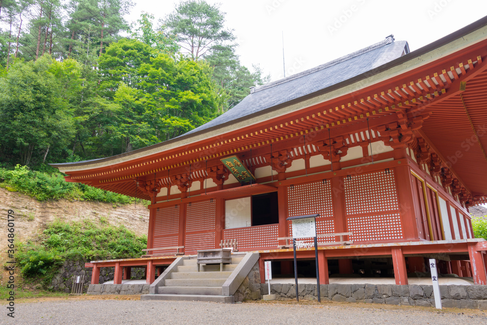 Kondo Hall at Takkoku-no-Iwaya Bisyamondo Hall in Hiraizumi, Iwate, Japan. The temple was founded by Sakanoue no Tamuramaro in 801 AD.