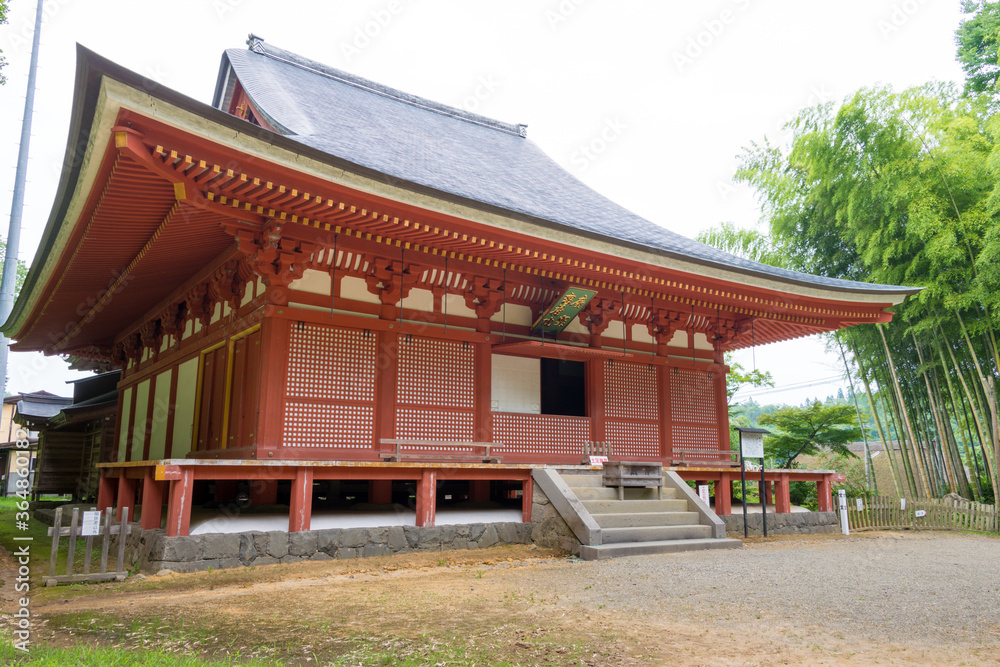 Kondo Hall at Takkoku-no-Iwaya Bisyamondo Hall in Hiraizumi, Iwate, Japan. The temple was founded by Sakanoue no Tamuramaro in 801 AD.