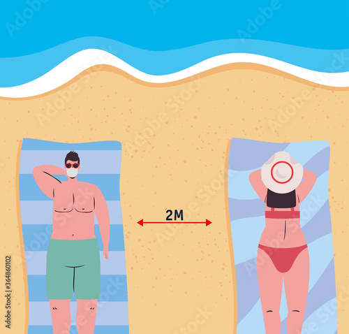 Social distancing between boy and girl with medical masks at the beach design, Summer vacation tropical and covid 19 virus theme Vector illustration
