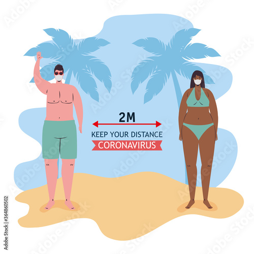 Social distancing between boy and girl with medical masks at the beach design, Summer vacation tropical and covid 19 virus theme Vector illustration