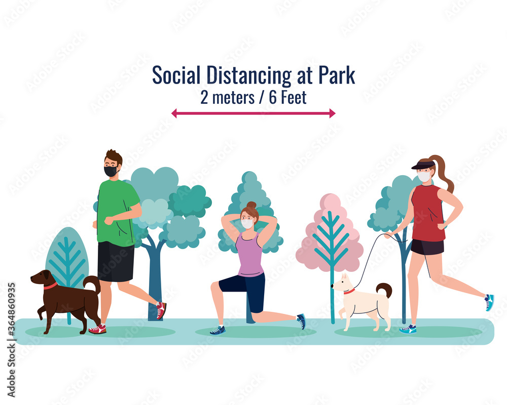 Social distancing between man and women with masks running at park design of Covid 19 virus theme Vector illustration
