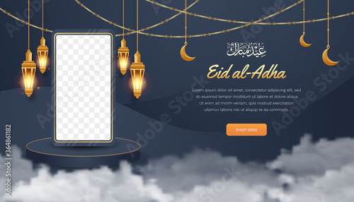 Background Islamic, ed al-Ad ha, for social media banner Islamic, with mockup stand phone