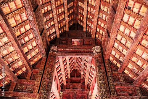 The roof of  Wat Pong Yang Khok. temple. The temple is located in Lampang Province. Thailand. Beautiful wooden roof.   photo