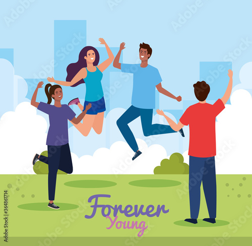 women and men cartoons jumping at park of forever young design, holiday and friendship theme Vector illustration