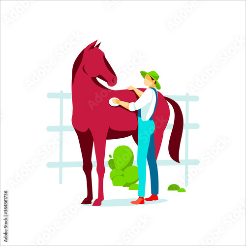 Male farmer grooming horse. Agricultural worker or professional groomer in overalls taking care of animal. Farming, agriculture or equestrian sport concept flat vector illustration on white background