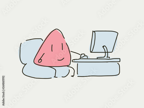 Cartoon character sit on the sofa work with desktop pc and monitor alone. Work from home or in the office. Happily working or playing game or online surfing. Whit background and saturated colored.