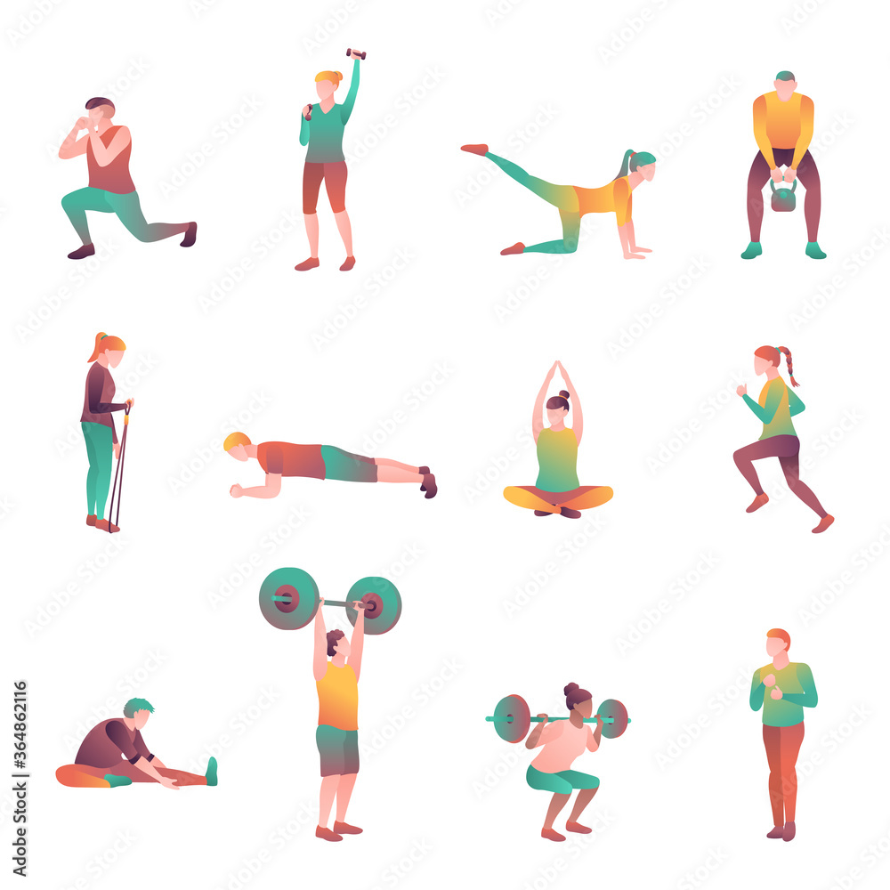 People in the sport set, flat vector illustration. Man and woman in the gym are engaged in recreational exercises. Adult athletes at sporting events tournament isolated on a white background. People in the sport set, flat vector illustration. Man and woman in the gym are engaged in recreational exercises. Adult athletes at sporting events tournament isolated on a white background.