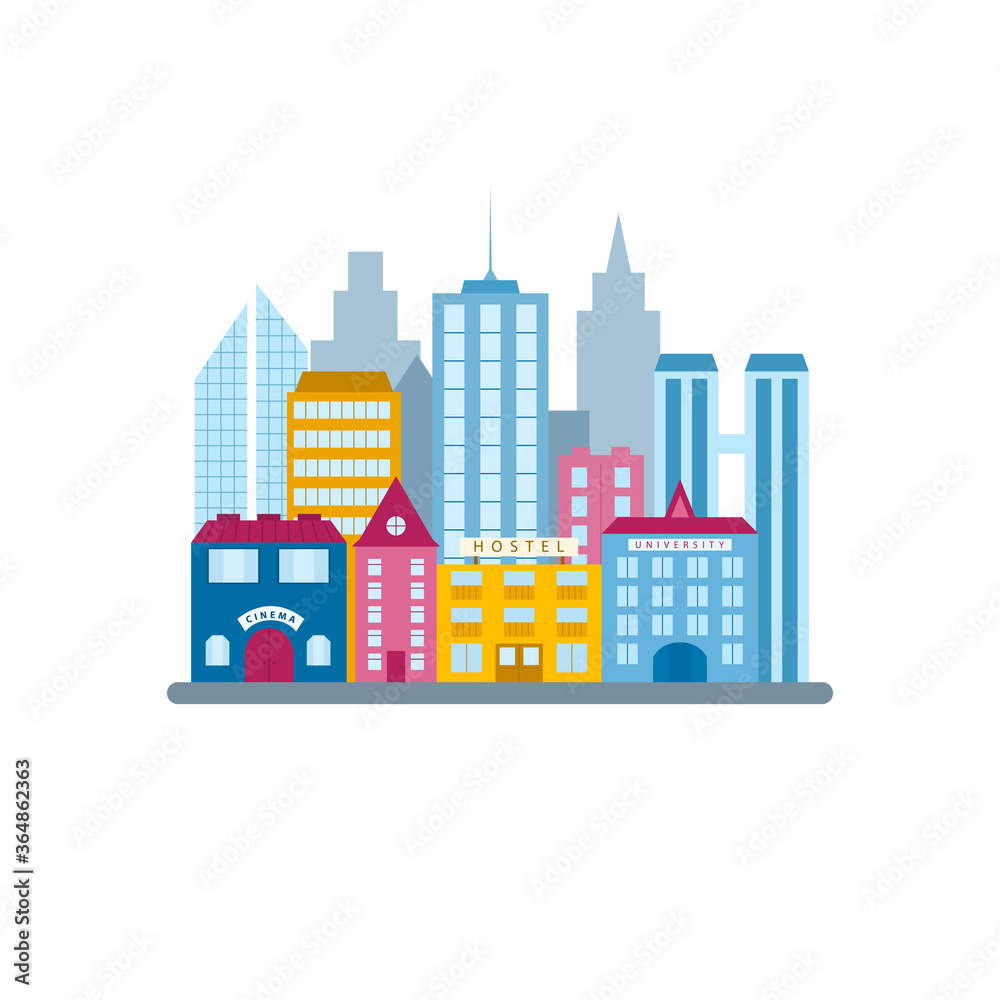 City buildings set, in flat vector style. Municipal buildings and architecture in the urban business district. A group of houses and skyscrapers in megapolis isolated on a white background.