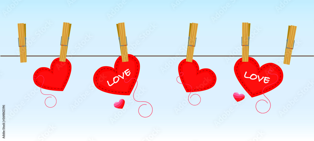 Ilustracao vetor Varal de coracoes, pregadores, love, corda, namorados, declaracao, valentines, ceu, azul, sentimento, 