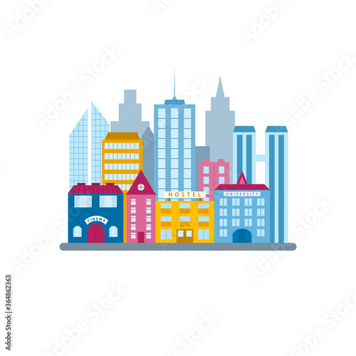 City buildings set, in flat vector style. Municipal buildings and architecture in the urban business district. A group of houses and skyscrapers in megapolis isolated on a white background.