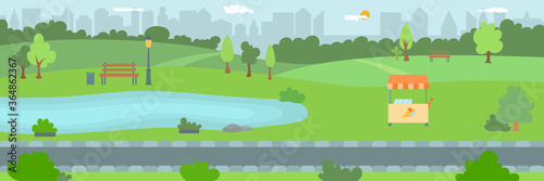 Park area in the city, flat vector illustration. Town public nature park with trees, footpath and a area for environment. Cartoon image of a municipal landscape park with a lake.