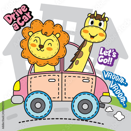 Cute animals driving car illustration for t shirt