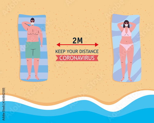 Social distancing between boy and girl with medical masks at the beach design, Summer vacation tropical and covid 19 virus theme Vector illustration