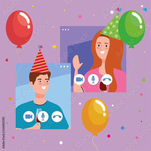 woman and man with party hats on screens design, Happy birthday and video chat theme Vector illustration
