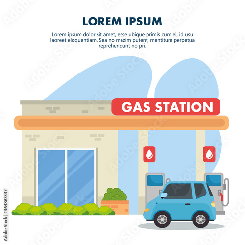 Gasoline pump station with store and blue car design, Energy fuel technology power industrial production and petroleum theme Vector illustration