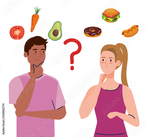man and woman thinking what to eat design, junk or healthy food decision theme Vector illustration