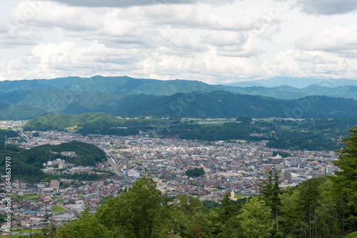 Takayama City view from Ruins of Matsukura Castle in Takayama, Gifu, Japan.