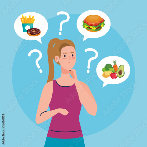woman thinking what to eat design, junk or healthy food decision theme Vector illustration