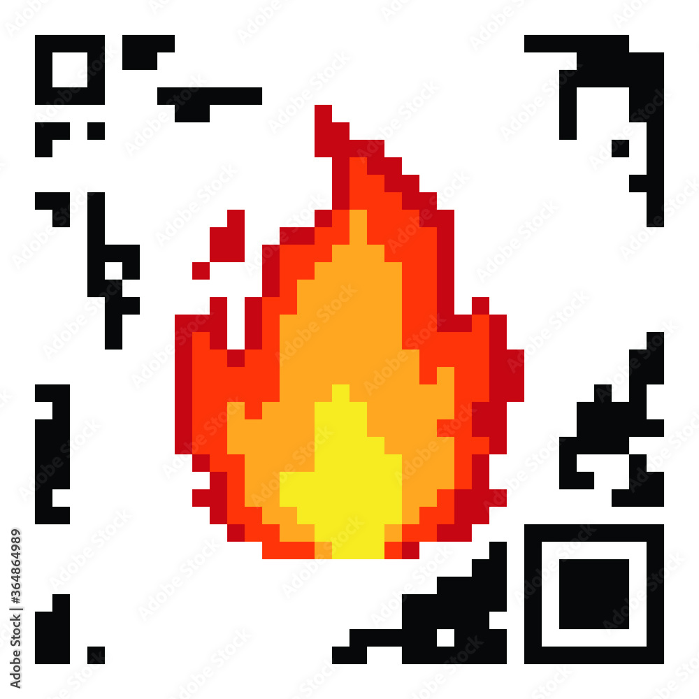 Fire flame pixel icon, vector Illustration in QR code style on white background. Fire flame pixel icon, vector Illustration in QR code style on white background.