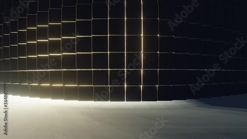 Bright yellow light is moving from left to right in a grid tile room (3D Rendering)