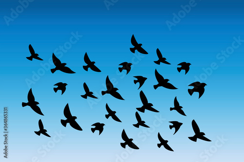 Vector silhouette of a flock of birds. Illustration of a flight of pigeons in the sky. Pattern of black geese in the clouds. Stock Photo. © Лена Полякевич