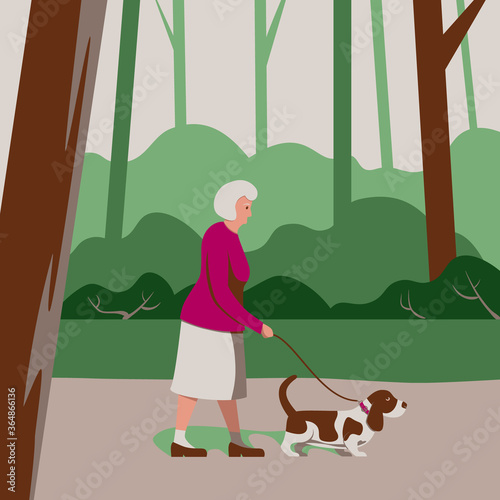 Elderly Old Woman Pensioner walks a Dog in Forest Park, Care for Pet, Outside Activity of Senior, Walking Alone Outdoor. Vector Illustration in Flat Cartoon Style.