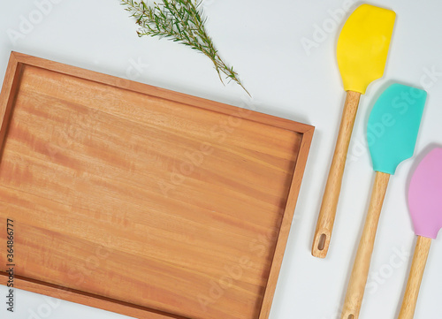 Baking pastel colour equipment on white background. Flat lay bakery text space images.