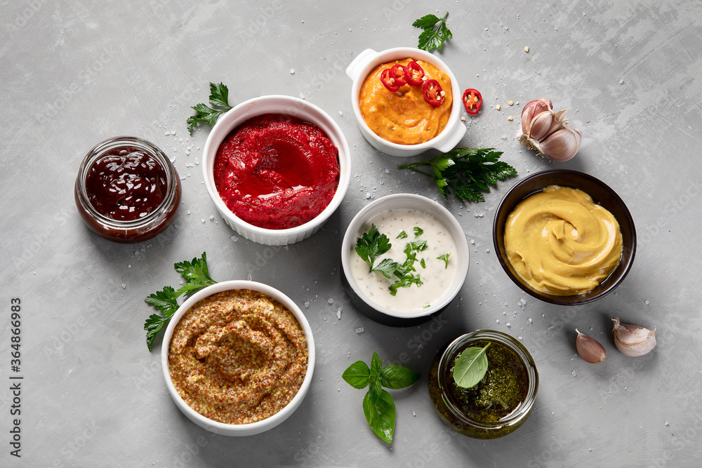 Set of various sauces in bowls Set of various sauces in bowls